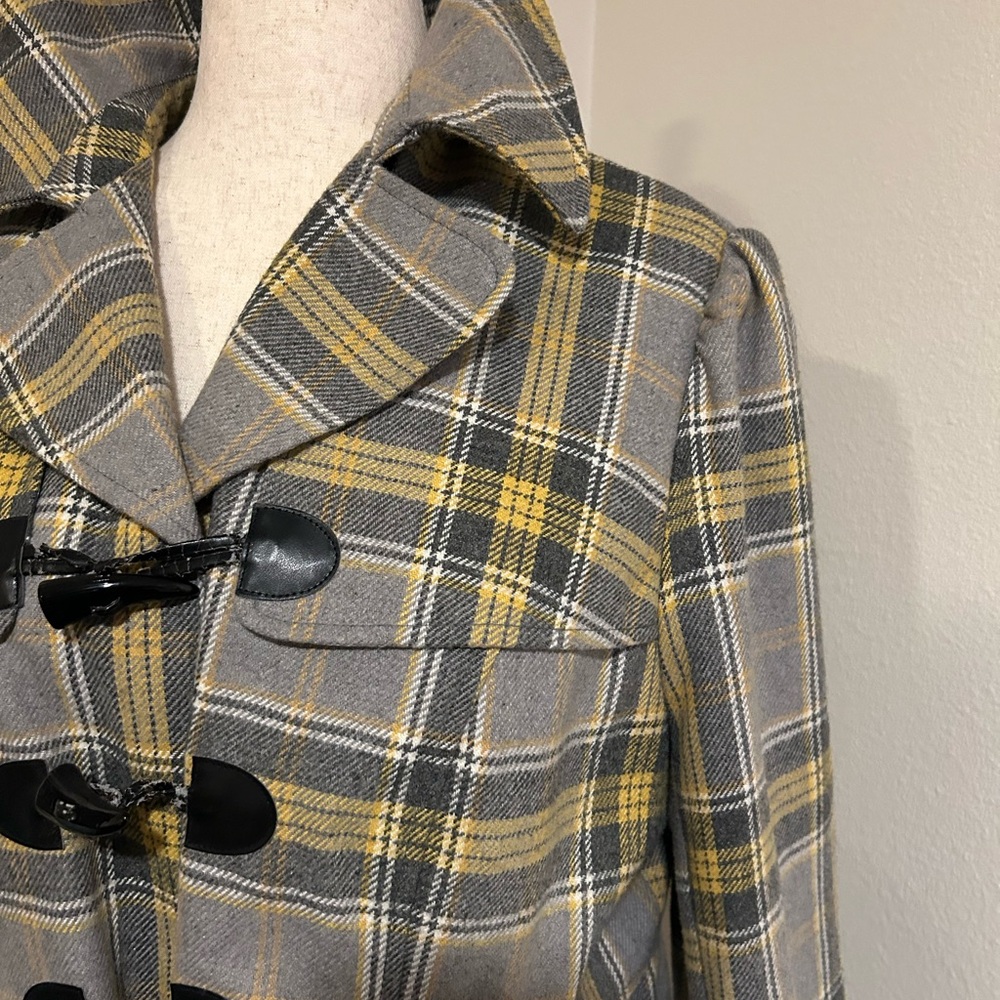 F&F Gray and Yellow Plaid Pea Coat w/Toggle Closures fits sizes 10-14